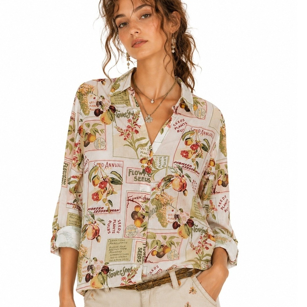 Calypso St. Barth Floral Garden Print Shirt S Multicolor Cotton Botanical Boho